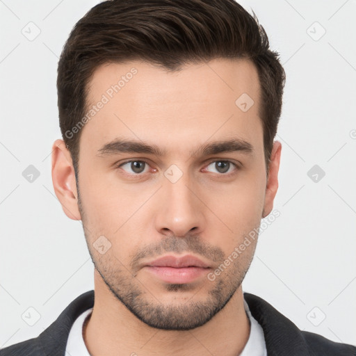 Neutral white young-adult male with short  brown hair and brown eyes