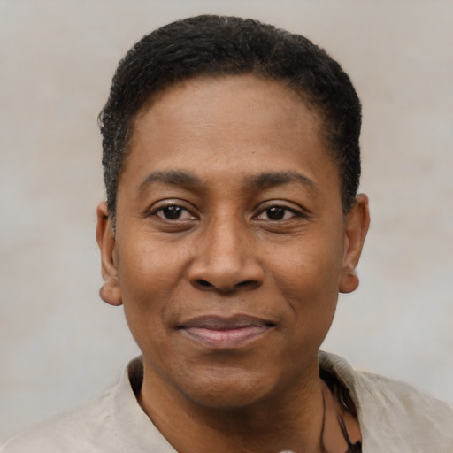 Joyful black adult male with short  black hair and brown eyes