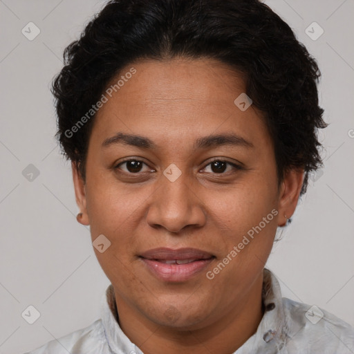 Joyful latino adult female with short  brown hair and brown eyes