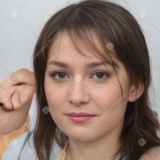 Neutral white young-adult female with medium  brown hair and brown eyes