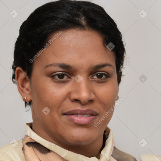 Joyful latino young-adult female with short  brown hair and brown eyes