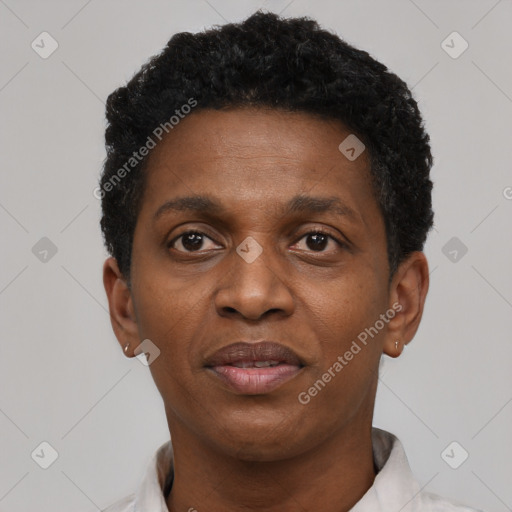Neutral black adult male with short  black hair and brown eyes