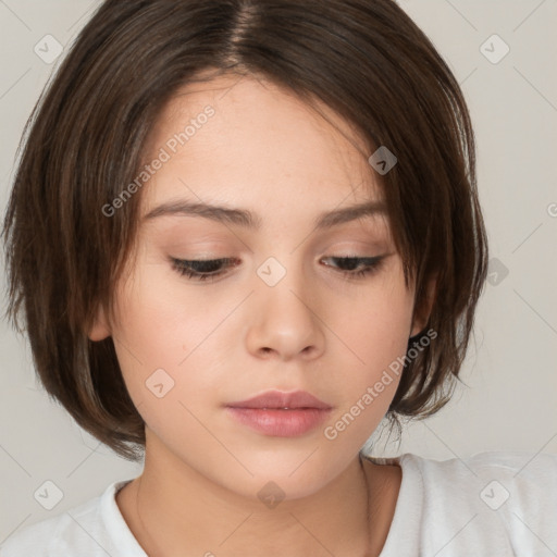 Neutral white young-adult female with medium  brown hair and brown eyes