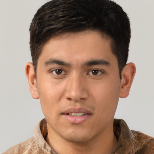 Neutral asian young-adult male with short  brown hair and brown eyes