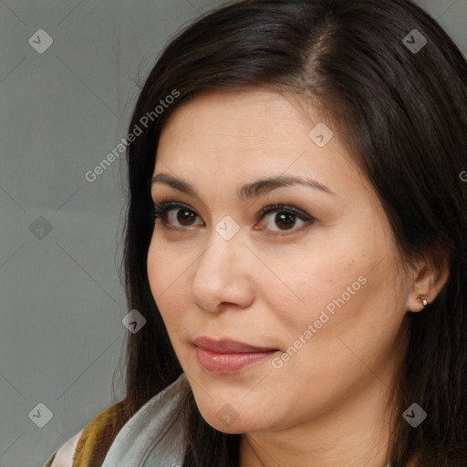 Neutral white young-adult female with long  brown hair and brown eyes