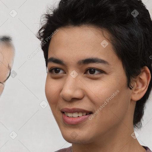 Joyful asian young-adult female with medium  black hair and brown eyes