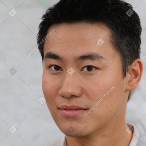 Neutral asian young-adult male with short  black hair and brown eyes