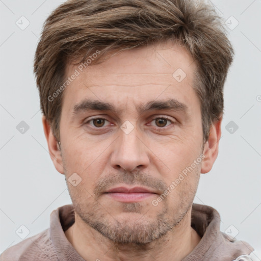 Neutral white adult male with short  brown hair and brown eyes