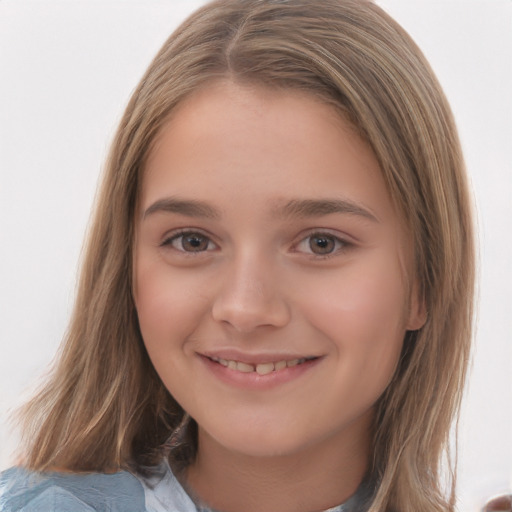 Joyful white child female with medium  brown hair and brown eyes