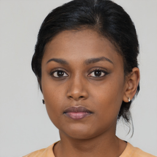 Neutral asian young-adult female with medium  black hair and brown eyes