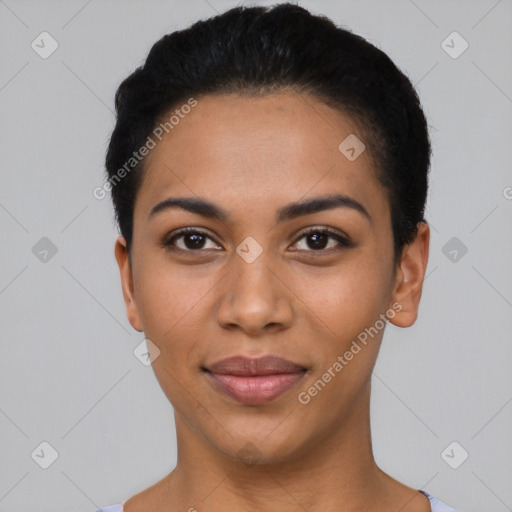 Joyful latino young-adult female with short  black hair and brown eyes