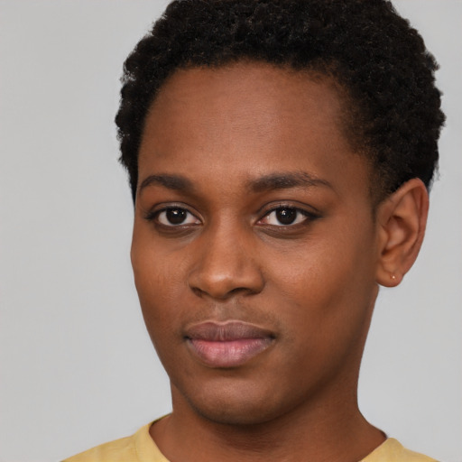 Neutral black young-adult female with short  black hair and brown eyes