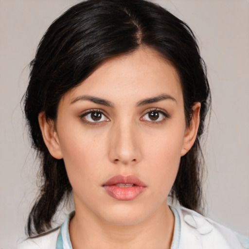 Neutral asian young-adult female with medium  black hair and brown eyes