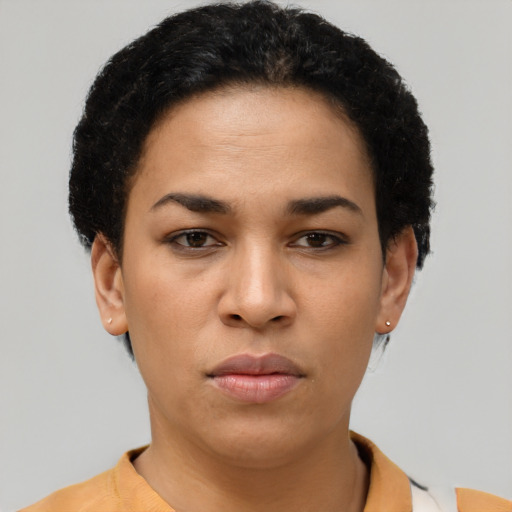 Neutral latino young-adult female with short  brown hair and brown eyes