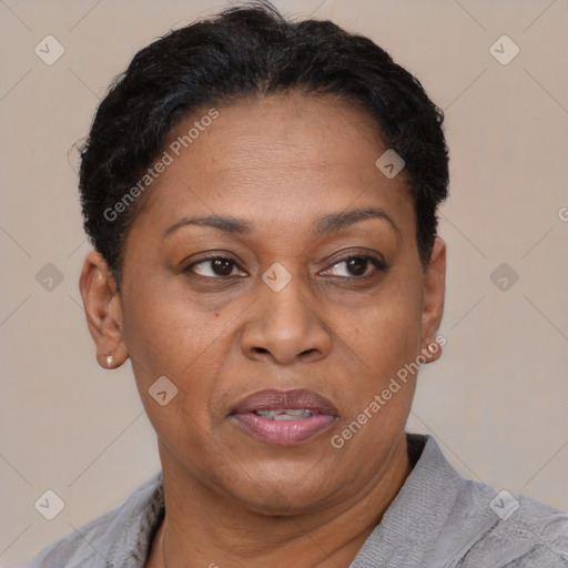 Joyful black adult female with short  brown hair and brown eyes