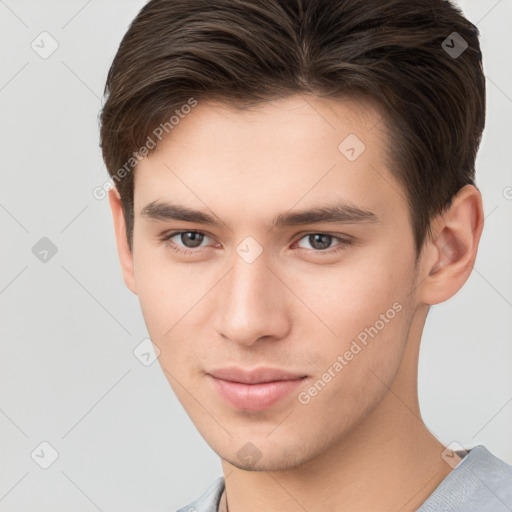 Neutral white young-adult male with short  brown hair and brown eyes