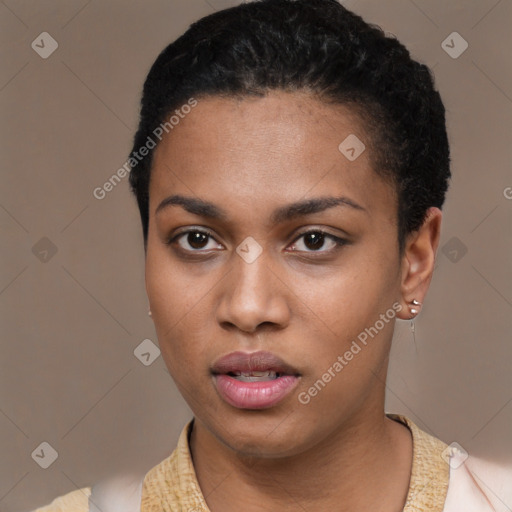 Neutral black young-adult female with short  black hair and brown eyes