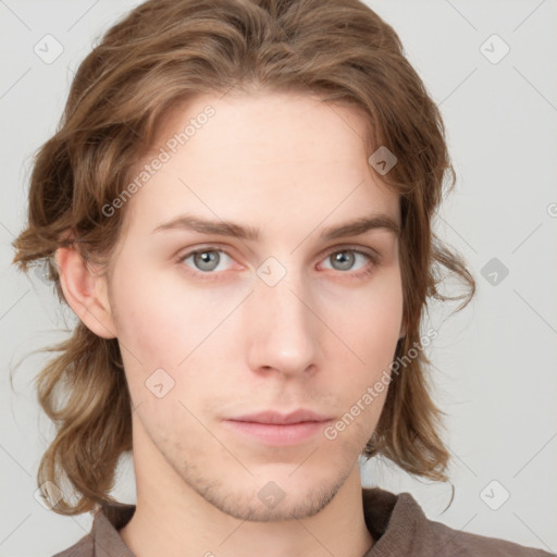 Neutral white young-adult female with medium  brown hair and grey eyes