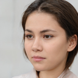 Neutral white young-adult female with medium  brown hair and brown eyes