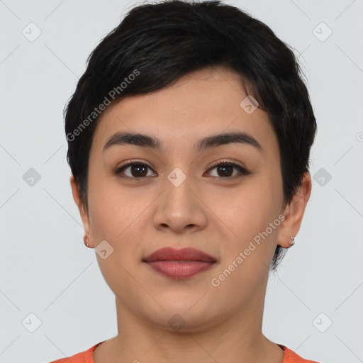 Joyful asian young-adult female with short  black hair and brown eyes