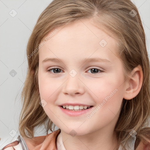 Joyful white child female with medium  brown hair and brown eyes