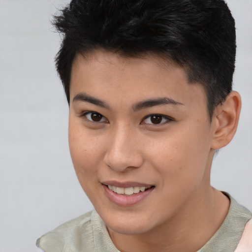 Joyful asian young-adult male with short  brown hair and brown eyes