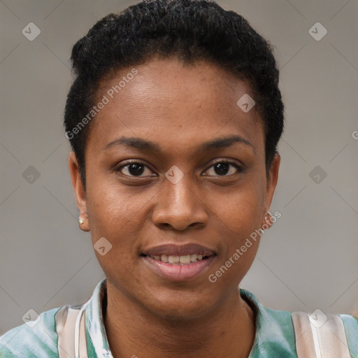 Joyful black young-adult female with short  black hair and brown eyes