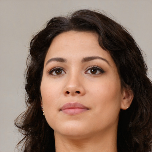 Neutral asian young-adult female with long  brown hair and brown eyes