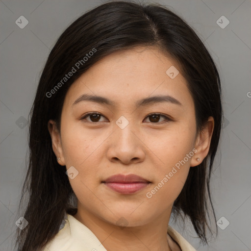 Joyful asian young-adult female with medium  brown hair and brown eyes