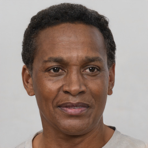 Joyful black adult male with short  brown hair and brown eyes
