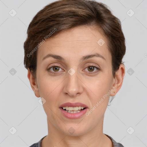 Joyful white young-adult female with short  brown hair and grey eyes