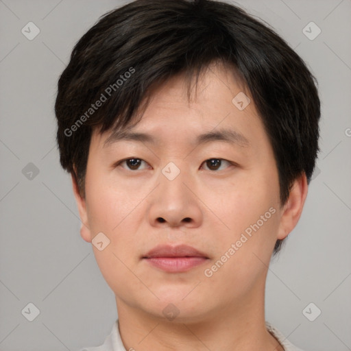 Neutral asian young-adult male with short  brown hair and brown eyes