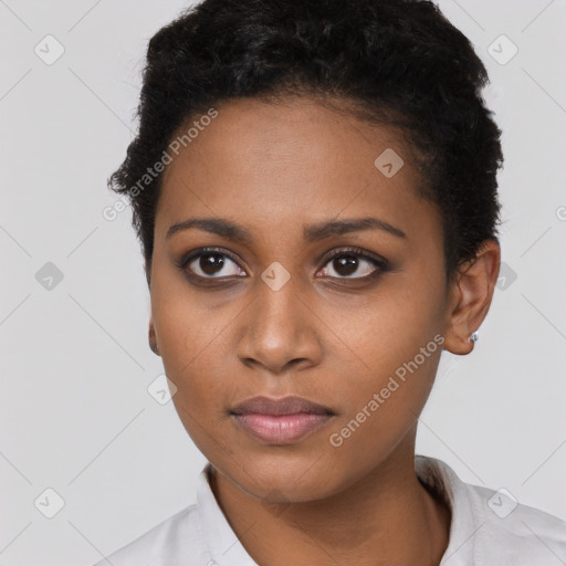 Neutral black young-adult female with short  black hair and brown eyes