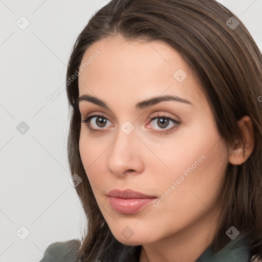 Neutral white young-adult female with medium  brown hair and brown eyes