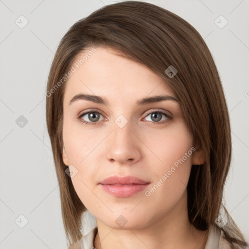 Neutral white young-adult female with medium  brown hair and grey eyes