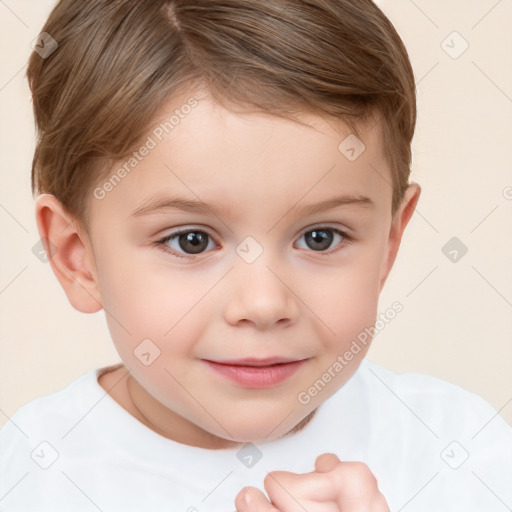 Joyful white child female with short  brown hair and brown eyes