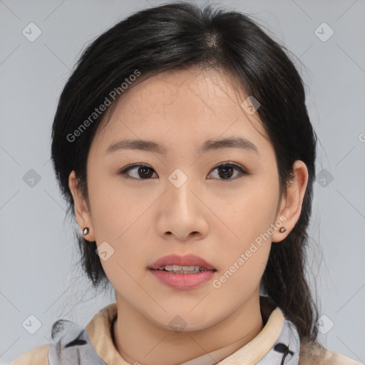 Neutral asian young-adult female with medium  brown hair and brown eyes