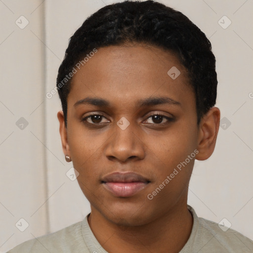 Neutral black young-adult female with short  black hair and brown eyes