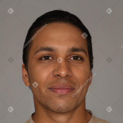 Neutral latino young-adult male with short  brown hair and brown eyes