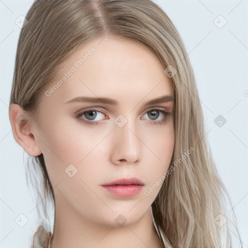 Neutral white young-adult female with long  brown hair and grey eyes