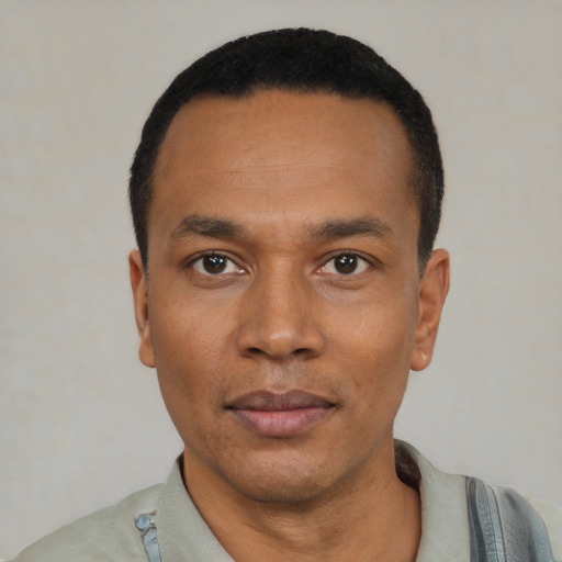 Neutral black adult male with short  black hair and brown eyes