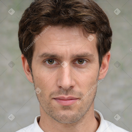 Neutral white adult male with short  brown hair and brown eyes