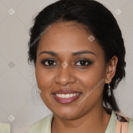 Joyful black young-adult female with medium  black hair and brown eyes