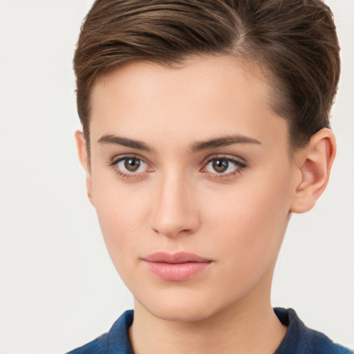 Neutral white young-adult female with short  brown hair and brown eyes