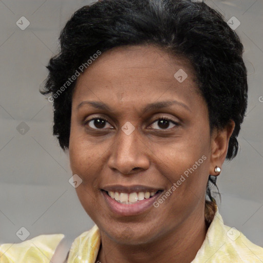 Joyful latino adult female with short  brown hair and brown eyes