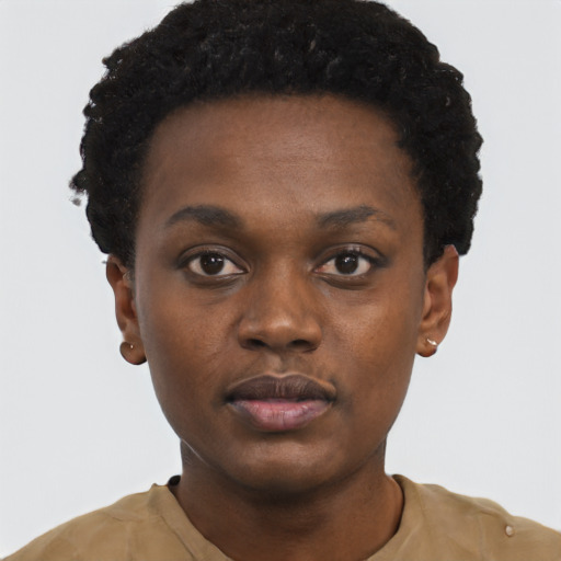 Neutral black young-adult female with short  black hair and brown eyes