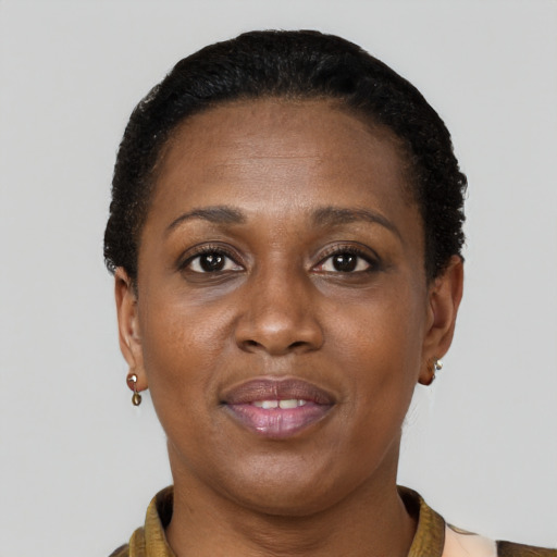 Joyful black adult female with short  brown hair and brown eyes