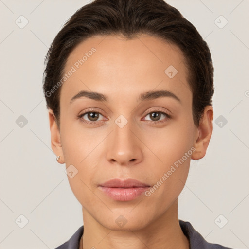 Neutral white young-adult female with short  brown hair and brown eyes