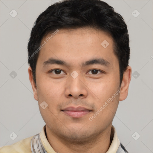 Neutral asian young-adult male with short  brown hair and brown eyes