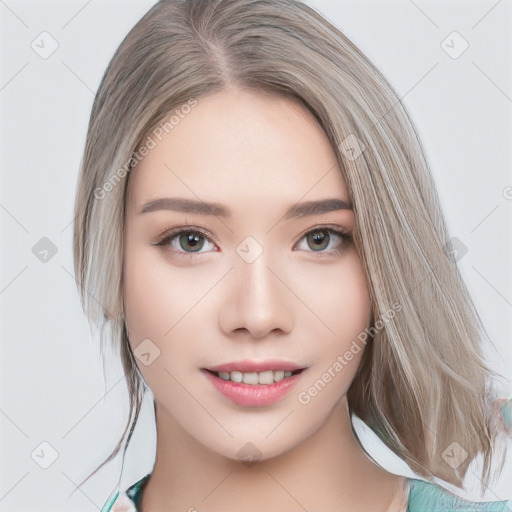 Neutral white young-adult female with medium  brown hair and brown eyes